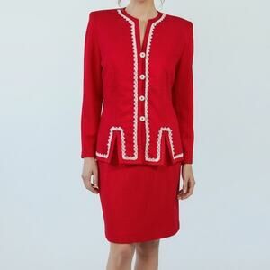 Pablo Collection Red Polyester Skirt Suit White Loop Trim 80s Power